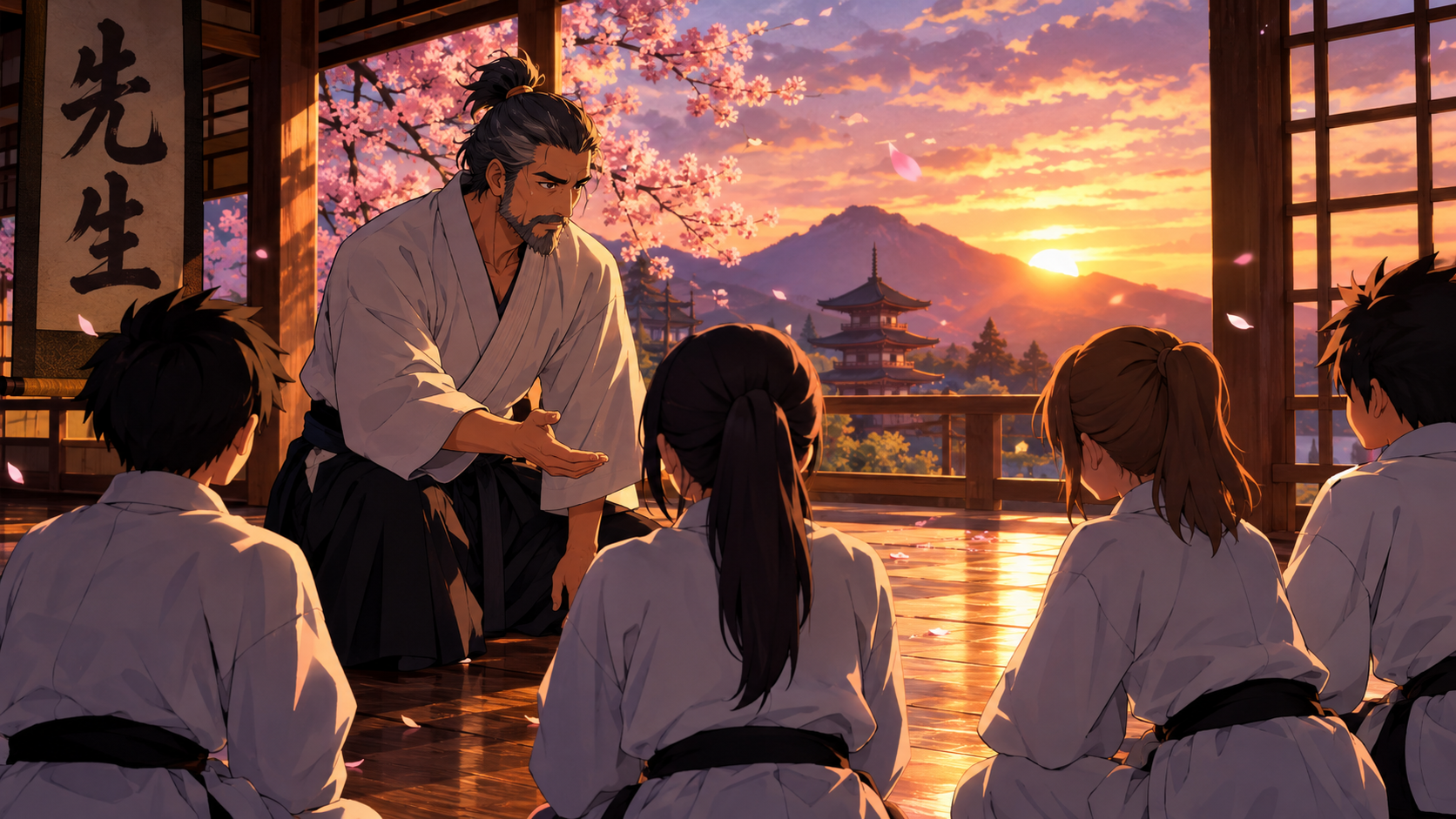 Ilustração de um mestre de anime orientando seus alunos em um treinamento.